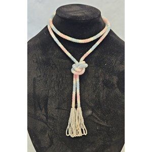 Vintage Rainbow Thread Beaded Tassel Lariat Necklace